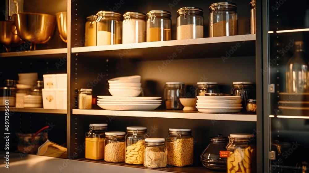 A shelf filled with a wide selection of different types of food. Ideal for food blogs, recipe websites, or grocery store advertisements