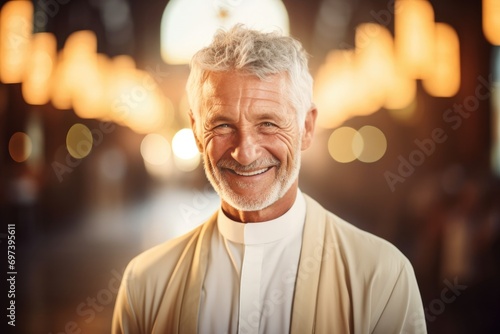 A mature priest in a contemplative moment, holding a Bible, represents faith and guidance in Christianity. photo