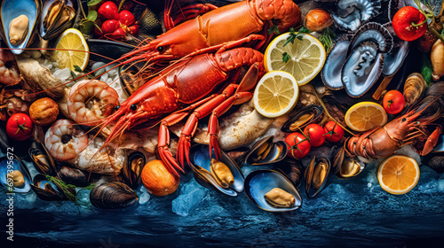 Seafood artfully arranged on shaved ice