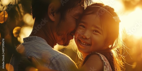 A heartwarming image of a man and a little girl embracing in the warm sunlight. This picture captures the beautiful bond between a father and daughter.