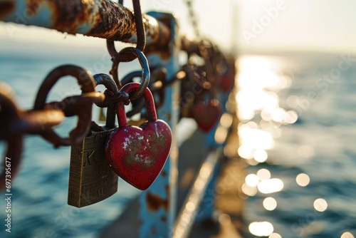 Two padlocks securely fastened to a rail. Perfect for symbolizing love, commitment, and security. Ideal for websites, blogs, or articles discussing relationships, love, or security measures.