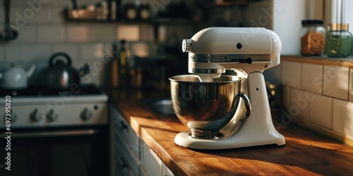A white mixer sitting on top of a wooden counter. Perfect for kitchen and baking themed designs