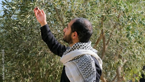 male wearing keffiyeh in olive tree field with angry look on his face and victory photo