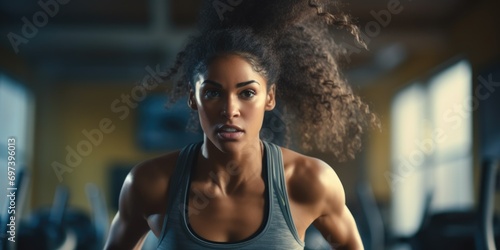 A woman is seen running on a treadmill. This image can be used to depict fitness, exercise, and healthy lifestyle concepts