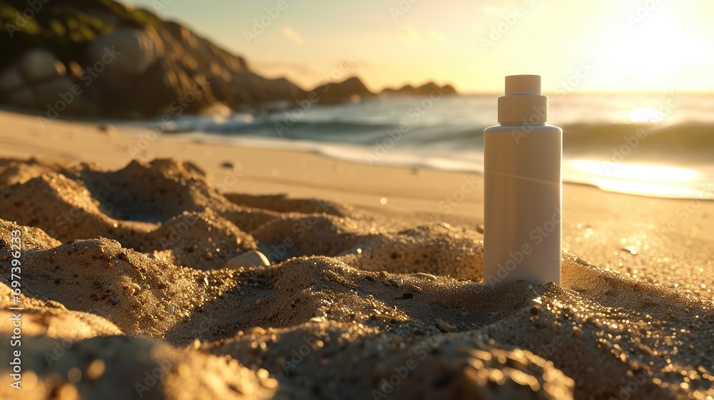 A bottle of sunscreen sitting in the sand on a beach. Perfect for summer vacations and sun protection A bottle of sunscreen sitting in the sand on a beach. Perfect for summer vacations and sun protection