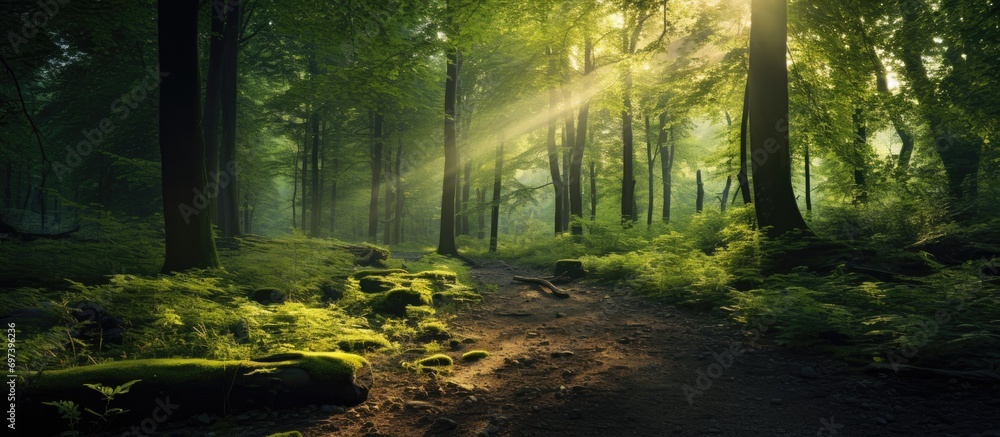 Fototapeta premium Beautiful green forest with sunlight, perfect for wallpaper.