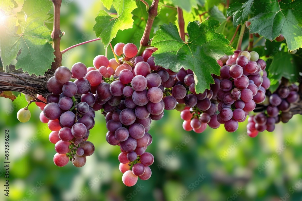 A bunch of grapes hanging from a vine. Suitable for wine-related content or nature-themed designs