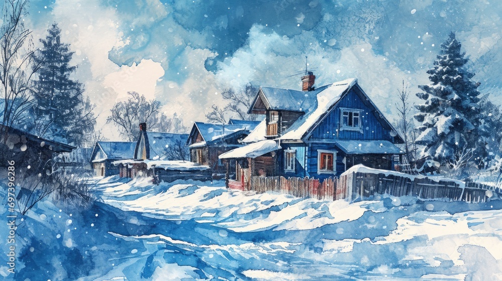 A beautiful painting of a house covered in snow. Perfect for winter-themed projects or home decor