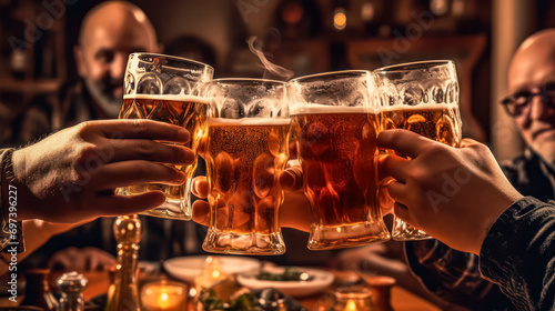 Mens hands clink beer glasses against a bar counter backdrop