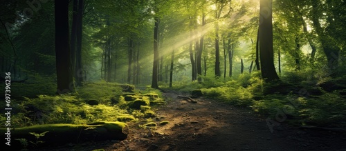 Beautiful green forest with sunlight, perfect for wallpaper. © TheWaterMeloonProjec