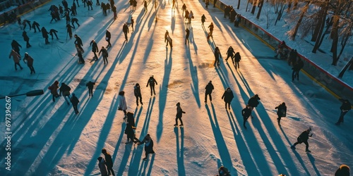 People enjoying ice skating in a snowy environment. Perfect for winter sports or holiday-themed designs