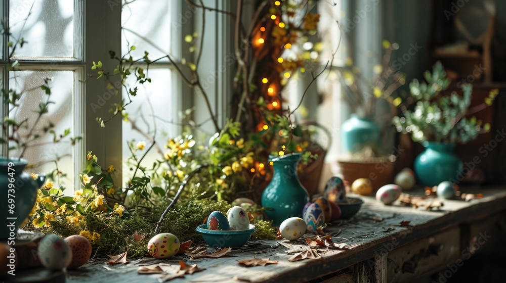 Colorful Easter eggs on rustic-themed table
