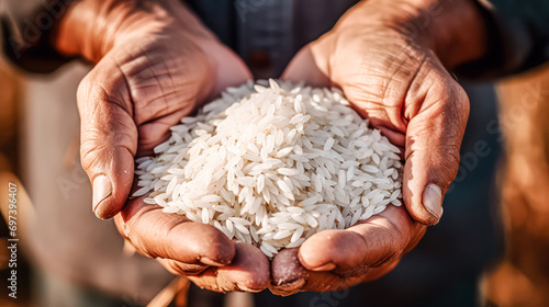 Strong hands cradle freshly peeled rice