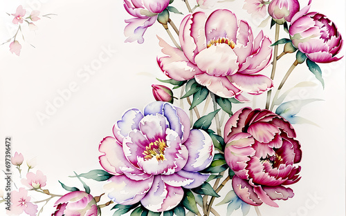Background with peony flowers and space for text. Design of a greeting or invitation card. Retro style.