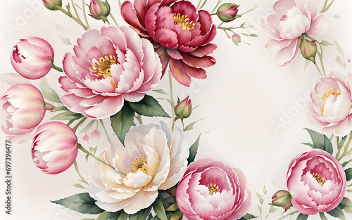 Background with peony flowers and space for text. Design of a greeting or invitation card. Retro style.