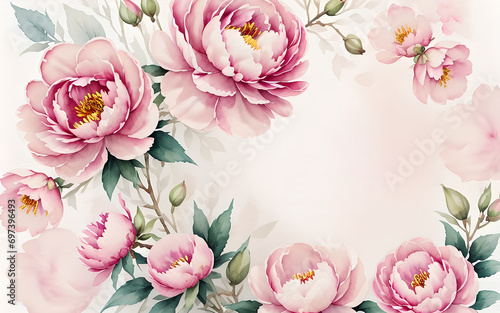 Retro postcard with peonies in watercolor style. Postcard design with space for text.