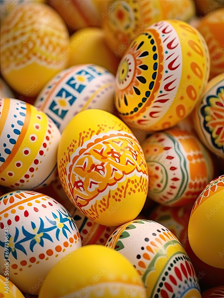 Obraz premium Bright colorful Easter eggs on a yellow background. Easter stylish minimal composition. Close-up