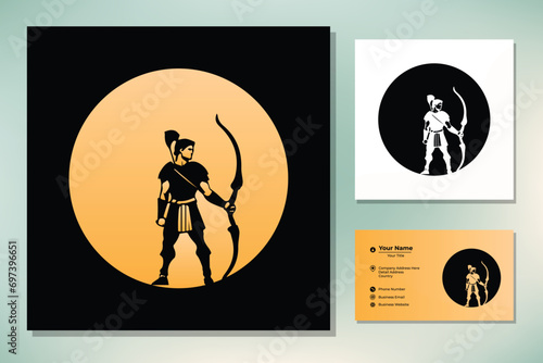 Hercules Heracles with Bow Longbow Arrow, Muscular Myth Greek Archer Warrior Silhouette Logo design