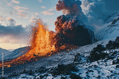 A powerful volcano erupting with hot lava shooting into the air. Perfect for illustrating the intense power and beauty of nature.