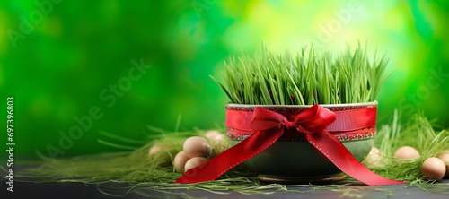 Banner Fresh Wheat grass with red ribbon, Nowruz Traditional Persian New Year Wheatgrass photo