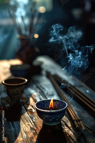 A bowl of incense sticks and a candle on a table. Can be used to create a peaceful and relaxing atmosphere