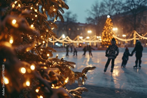 A group of people enjoying ice skating on a rink. Perfect for winter sports and recreational activities