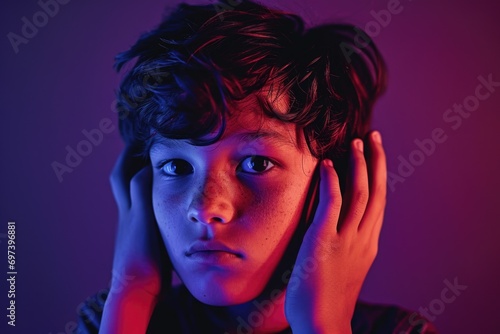 A young boy holding his hands to his ears. Suitable for depicting noise, discomfort, or sensory overload photo