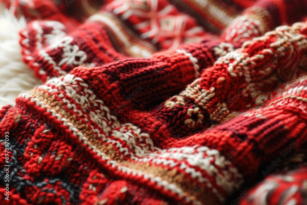 A close-up view of a red and white blanket. Perfect for adding warmth and coziness to any space