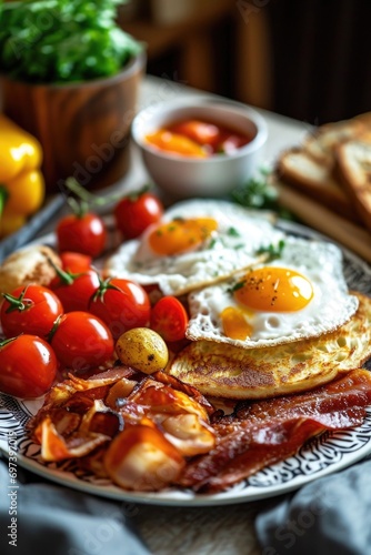 A delicious plate of food featuring eggs, bacon, and tomatoes. Perfect for breakfast or brunch