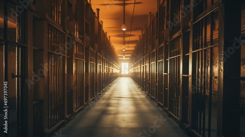 A long hallway with numerous metal bars. This image can be used to depict confinement, security, or an industrial setting