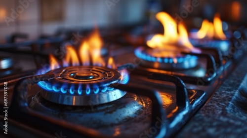 A detailed view of the flames on a gas stove. Suitable for home appliance or cooking-related projects
