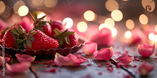 Strawberries with rose petals, romantic banner for valentine’s day with bokeh lights shining effect
