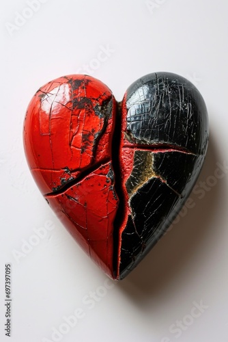 A broken red and black heart on a white surface. Ideal for expressing heartbreak and lost love