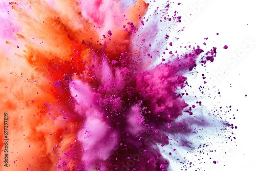 A vibrant and colorful powder explosion in shades of pink and orange on a clean white background. Perfect for adding a burst of energy and excitement to your designs or projects photo