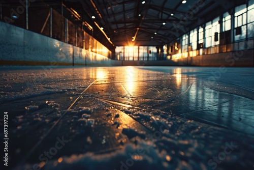 A wet floor in a building illuminated by a bright light. Suitable for illustrating the concept of cleanliness, safety precautions, or a modern interior design photo