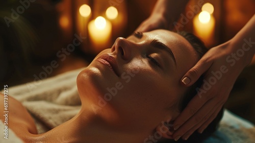 Woman receiving a relaxing facial massage with the warm glow of candles in the background. Perfect for spa and wellness themes
