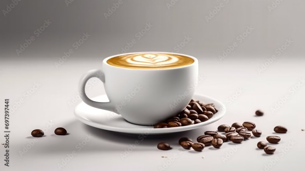Delight in a white cup, this cappuccino boasts a captivating foam pattern Delight in a white cup, this cappuccino boasts a captivating foam pattern