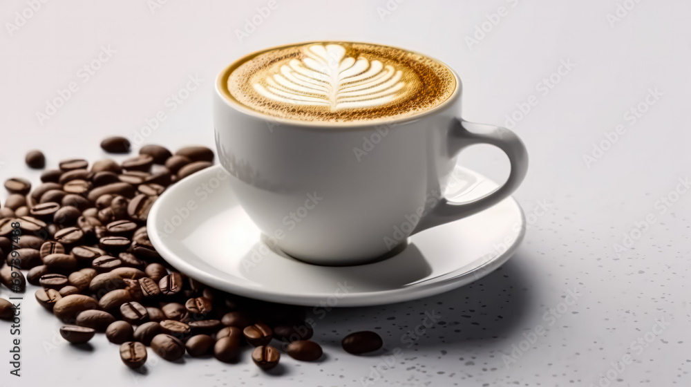 Delight in a white cup, this cappuccino boasts a captivating foam pattern Delight in a white cup, this cappuccino boasts a captivating foam pattern