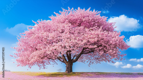 Cherry Blossom Tree in Full Bloom Against a Blue Sky, Cherry, Blossom