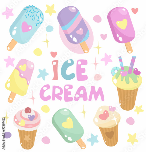 Ice cream set, ice cream on a stick, waffle cup, hearts, dessert for a unicorn. Vector illustration