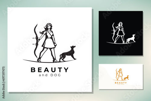 Beauty Silhouette of Diana Holding a Bow and Arrow with The Hound Dog Statue for Archer Archery Hunting Logo design
