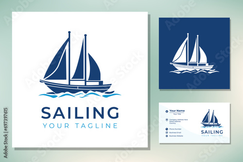 Simple Sailboat dhow boat ship on Sea Ocean Wave with line art style logo design