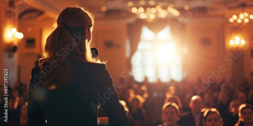 A woman confidently stands in front of a large crowd of people. This image can be used to portray leadership, public speaking, or empowerment photo