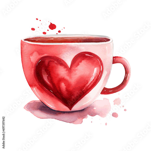 red coffee cup with heart for love breakfast for valentine day card decor