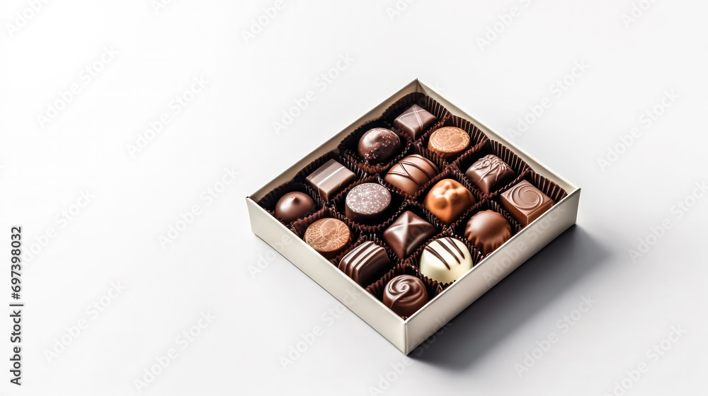 A delightful box of chocolates, elegantly placed against a pristine white background A delightful box of chocolates, elegantly placed against a pristine white background