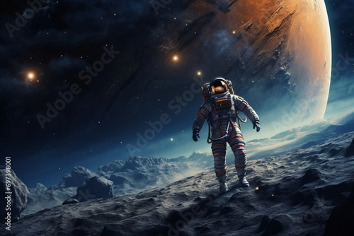 Astronaut at spacewalk. Cosmic art  science fiction wallpaper. 