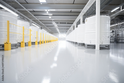 Clean Industrial plant handling liquids in factories White halls, tanks, pipes, ideal for cleanliness and productivity with copy spaceHigh quality photo