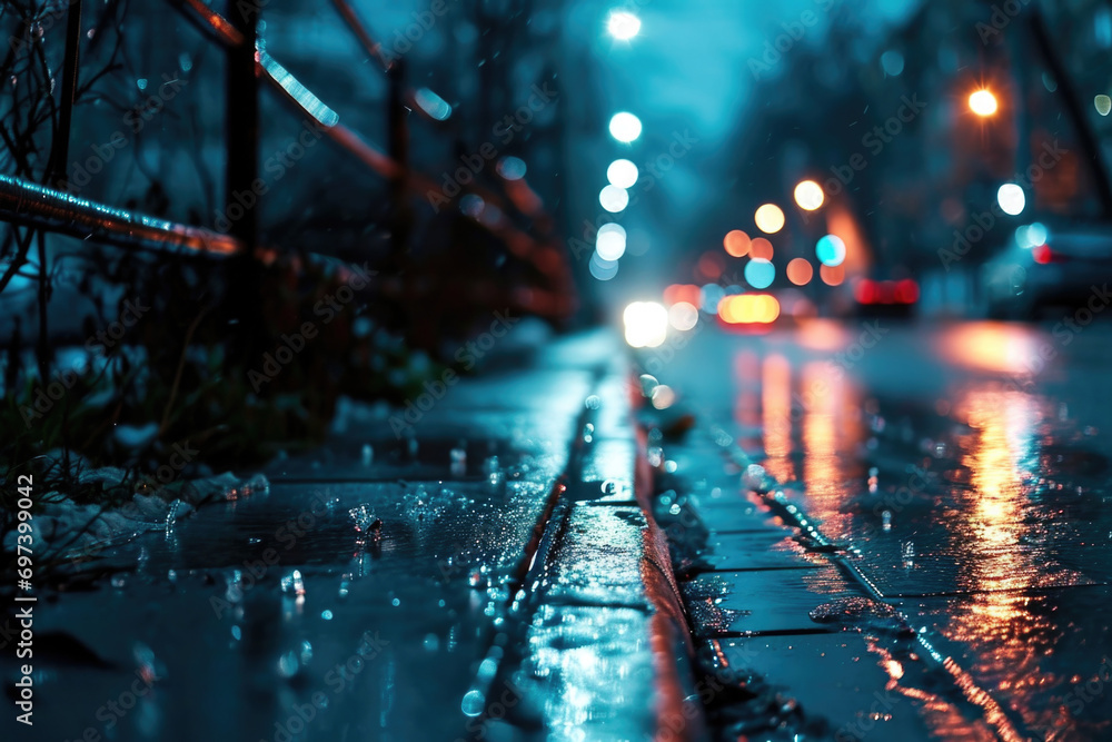 A city street illuminated by the glow of streetlights and rain falling ...