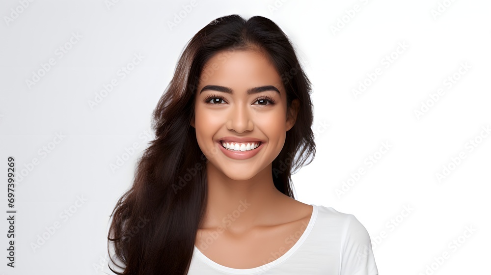 Closeup of young attractive Indian asian woman with long brown hair wearing stylish t-shirt smiling isolated over white background Closeup of young attractive Indian asian woman with long brown hair wearing stylish t-shirt smiling isolated over white background