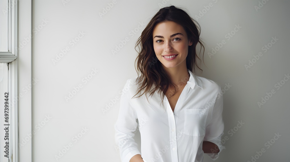 Happy confident business woman standing in the office isolated over grey background Happy confident business woman standing in the office isolated over grey background